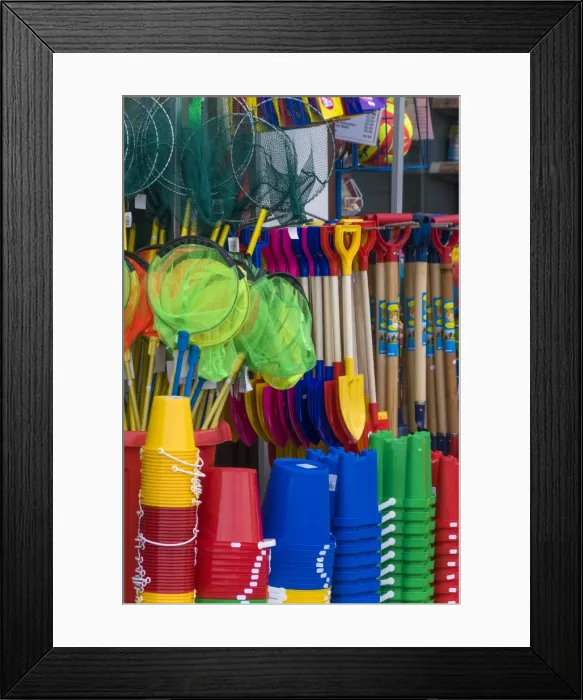 Framed Print : Traditional buckets and spades on sale in a seaside shop in Lyme Regis, Dorset, England, United Kingdom, Europe Framed Print : Traditional buckets and spades on sale in a seaside shop in Lyme Regis, Dorset, England, United Kingdom, Europe