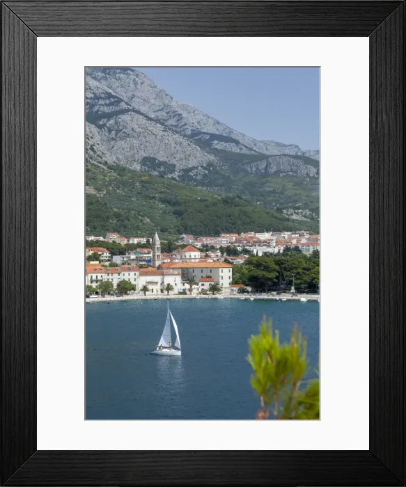 Framed Print : Makarska harbour with yacht and mountains behind, Dalmatian Coast, Croatia, Europe Framed Print : Makarska harbour with yacht and mountains behind, Dalmatian Coast, Croatia, Europe