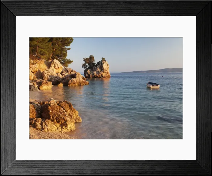 Framed Print : Coastal landscape with a rock and a rowing boat, Brela, Makarska Riviera, Dalmatia, Croatia, Europe Framed Print : Coastal landscape with a rock and a rowing boat, Brela, Makarska Riviera, Dalmatia, Croatia, Europe