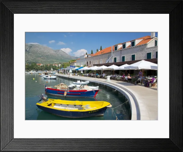 Framed Print : Harbour restaurants, Cavtat, Dubrovnik Riviera, Dalmatian Coast, Dalmatia, Croatia, Europe Framed Print : Harbour restaurants, Cavtat, Dubrovnik Riviera, Dalmatian Coast, Dalmatia, Croatia, Europe