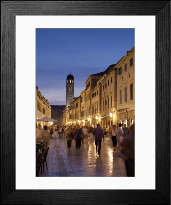 Framed Print : Placa, Stadun, lit up at dusk with cafes and people walking, Dubrovnik, Croatia, Europe Framed Print : Placa, Stadun, lit up at dusk with cafes and people walking, Dubrovnik, Croatia, Europe