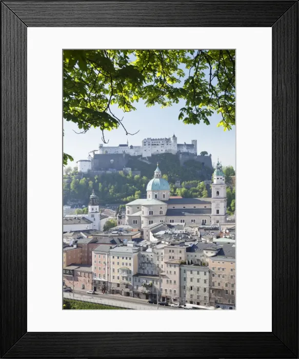 Framed Print : High angle view of the Old Town, UNESCO World Heritage Site, with Hohensalzburg Fortress, Dom Cathedral and Kappuzinerkirche Church, Salzburg, Salzburger Land, Austria, Europe
