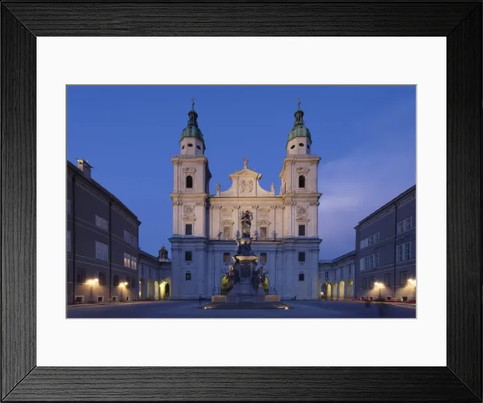 Framed Print : Domplatz Square with Dom Cathedral and Mariensaule column at dusk, Salzburg, Salzburger Land, Austria, Europe