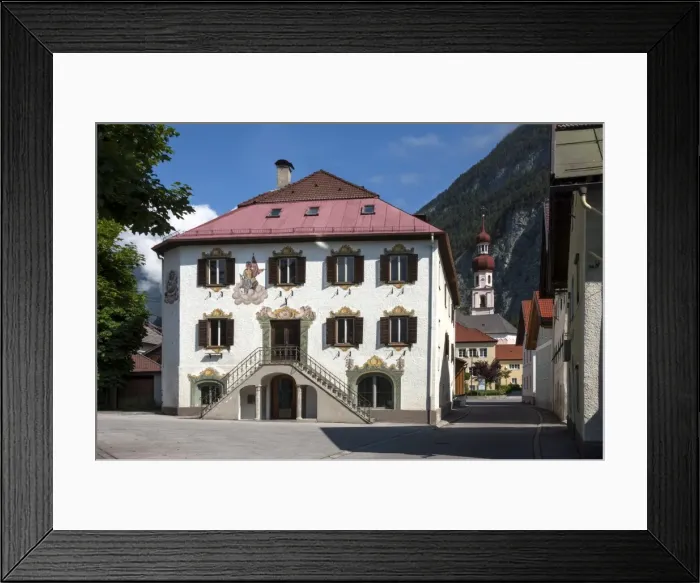 Framed Print : Traditional wall decoration, Town Hall and Church, Nassereith, Ferne Pass, Austria, Europe Framed Print : Traditional wall decoration, Town Hall and Church, Nassereith, Ferne Pass, Austria, Europe