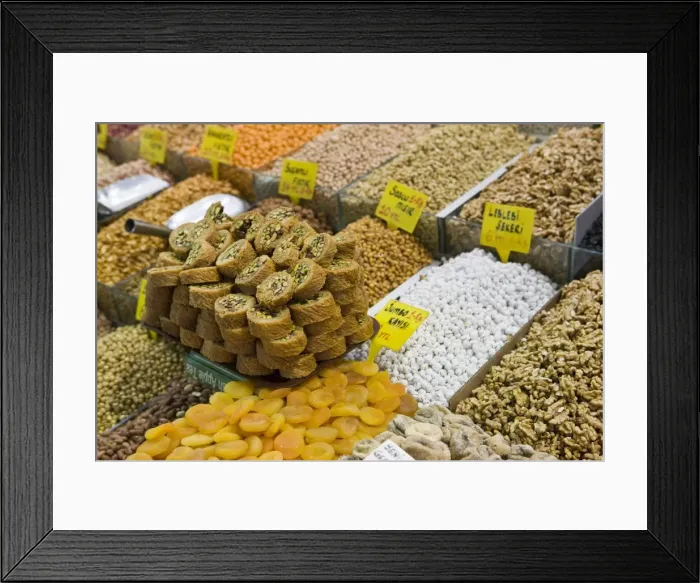 Framed Print : Baklava and dried fruit and nuts for sale, Spice Bazaar, Istanbul, Turkey, Western Asia Framed Print : Baklava and dried fruit and nuts for sale, Spice Bazaar, Istanbul, Turkey, Western Asia