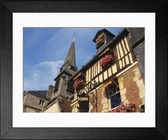 Framed Print : Building Exterior and Church Spire, Quai St Etienne, Normandy, France