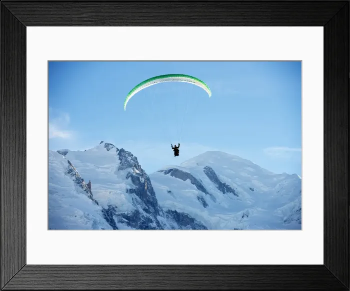 Framed Print : Paragliding below summit of Mont Blanc, Chamonix, Haute-Savoie, French Alps, France, Europe Framed Print : Paragliding below summit of Mont Blanc, Chamonix, Haute-Savoie, French Alps, France, Europe