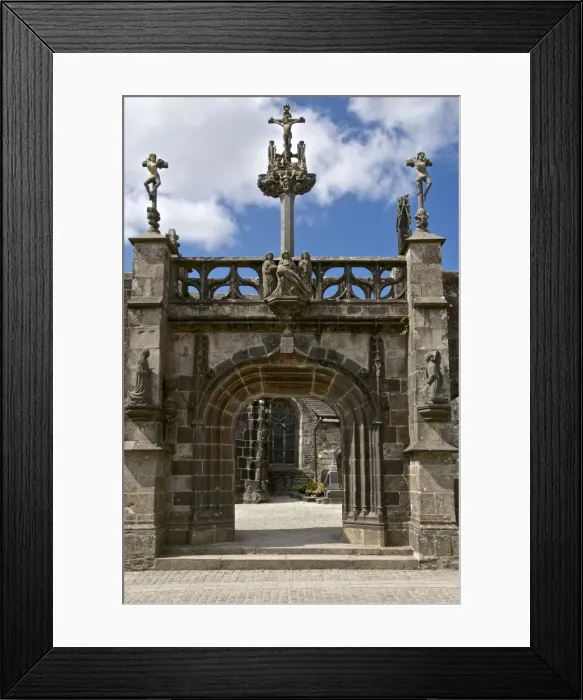 Framed Print : Monumental Gate, flamboyant 16th century style showing Christ on the cross flanked by the two thieves, La Martyre church enclosure, La Martyre, Finistere, Brittany, France, Europe