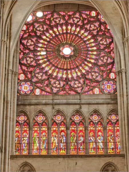 A rose window in Saint-Pierre-et-Saint-Paul de Troyes cathedral, in Gothic style, dating from around 1200, Troyes, Aube, Champagne-Ardennes, France, Europe
