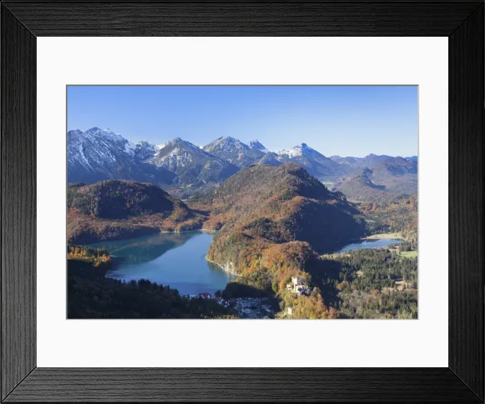Framed Print : View of Alpsee Lake with Hohenschwangau Castle and Allgau Alps, Hohenschwangau, Fussen, Ostallgau, Allgau, Bavaria, Germany, Europe Framed Print : View of Alpsee Lake with Hohenschwangau Castle and Allgau Alps, Hohenschwangau, Fussen, Ostallgau, Allgau, Bavaria, Germany, Europe