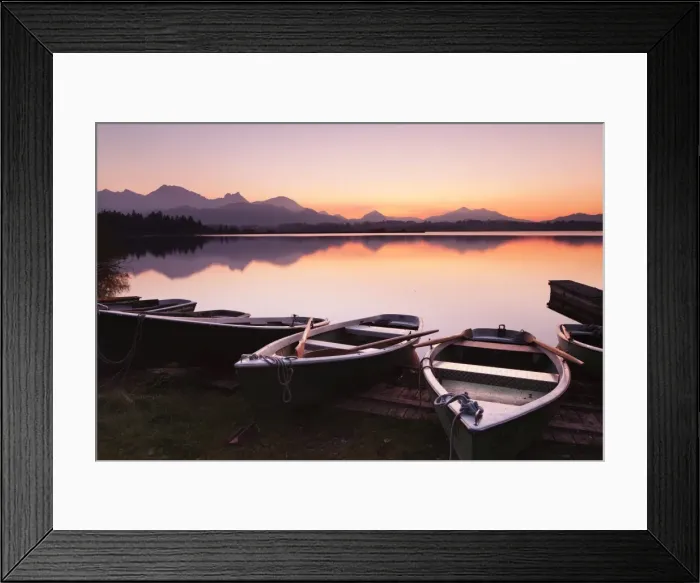 Framed Print : Rowing boats on Hopfensee Lake at sunset, near Fussen, Allgau, Allgau Alps, Bavaria, Germany, Europe Framed Print : Rowing boats on Hopfensee Lake at sunset, near Fussen, Allgau, Allgau Alps, Bavaria, Germany, Europe