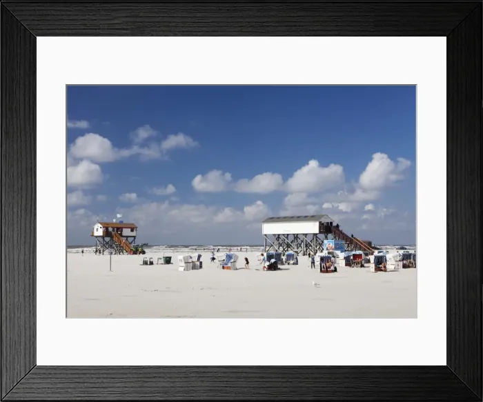 Framed Print : Stilt house and beach chairs on the beach of Sankt Peter Ording, Eiderstedt Peninsula, Schleswig Holstein, Germany, Europe Framed Print : Stilt house and beach chairs on the beach of Sankt Peter Ording, Eiderstedt Peninsula, Schleswig Holstein, Germany, Europe