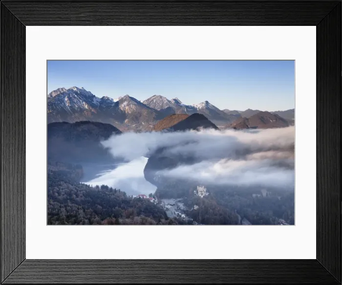 Framed Print : View of Alpsee Lake with Hohenschwangau Castle and Allgau Alps, Hohenschwangau, Fussen, Ostallgau, Allgau, Bavaria, Germany, Europe Framed Print : View of Alpsee Lake with Hohenschwangau Castle and Allgau Alps, Hohenschwangau, Fussen, Ostallgau, Allgau, Bavaria, Germany, Europe