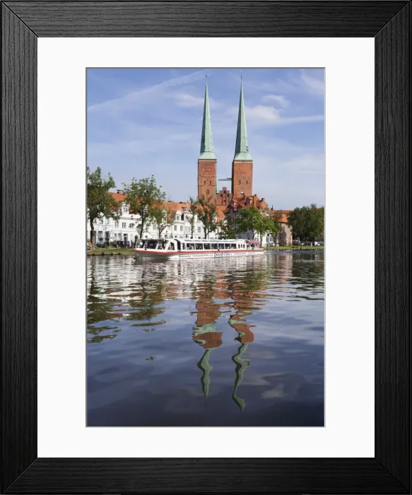 Framed Print : Excursion boat on the River Trave and cathedral, Stadttrave, Lubeck, Schleswig Holstein, Germany, Europe Framed Print : Excursion boat on the River Trave and cathedral, Stadttrave, Lubeck, Schleswig Holstein, Germany, Europe