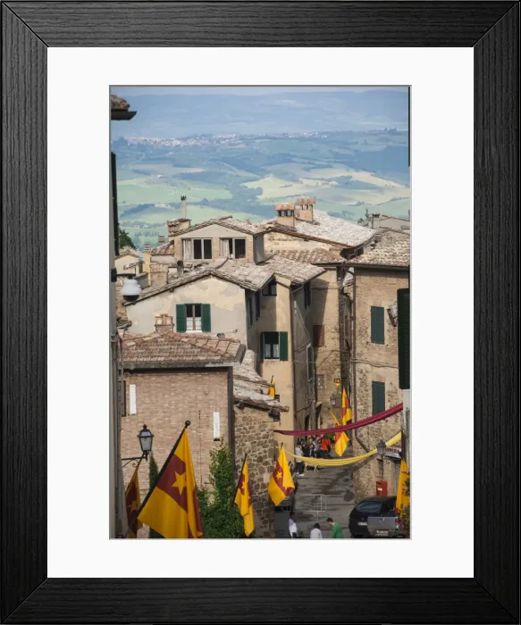 Framed Print : Medieval street decorated with local area flags, Montalcino, UNESCO World Heritage Site, Val d Orcia, Tuscany, Italy, Europe Framed Print : Medieval street decorated with local area flags, Montalcino, UNESCO World Heritage Site, Val d Orcia, Tuscany, Italy, Europe