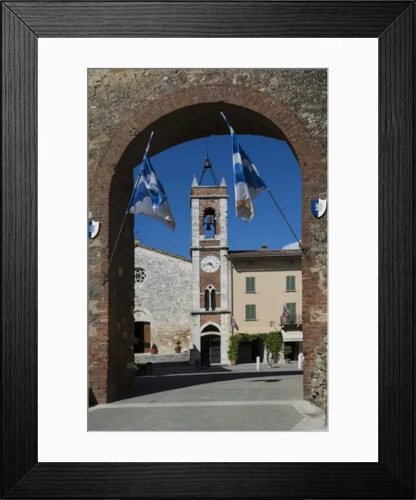 Framed Print : Arched entrance to piazza with Church of San Francesca, San Quirico, Val d Orcia, Tuscany, Italy, Europe