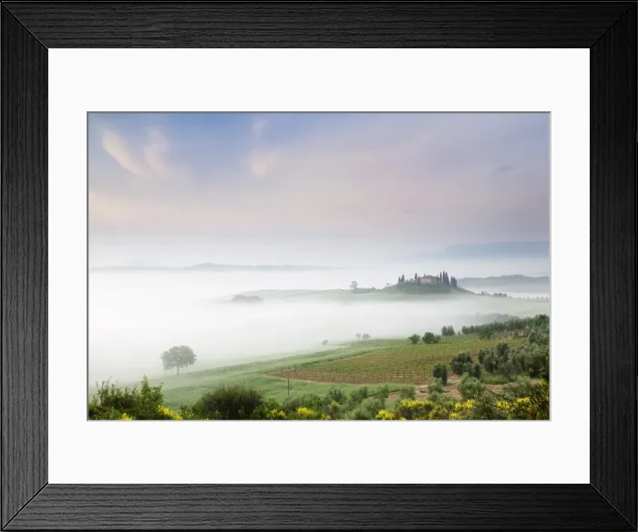 Framed Print : Early morning fog at the farmhouse Belvedere, Orcia Valley (Val d Orcia), UNESCO World Heritage Site, Siena region, Tuscany, Italy, Europe Framed Print : Early morning fog at the farmhouse Belvedere, Orcia Valley (Val d Orcia), UNESCO World Heritage Site, Siena region, Tuscany, Italy, Europe