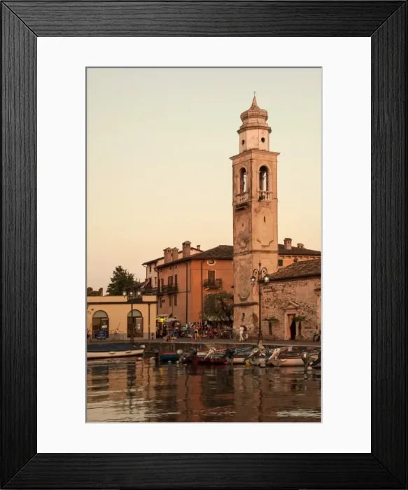 Framed Print : Evening, harbour view to the bell tower, Lazise, Lake Garda, Italian Lakes, Lombardy, Italy, Europe Framed Print : Evening, harbour view to the bell tower, Lazise, Lake Garda, Italian Lakes, Lombardy, Italy, Europe