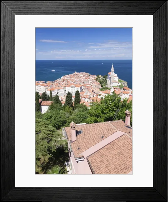 Framed Print : High angle view of the old town with Tartini Square, town hall and the cathedral of St. George, Piran, Istria, Slovenia, Europe Framed Print : High angle view of the old town with Tartini Square, town hall and the cathedral of St. George, Piran, Istria, Slovenia, Europe