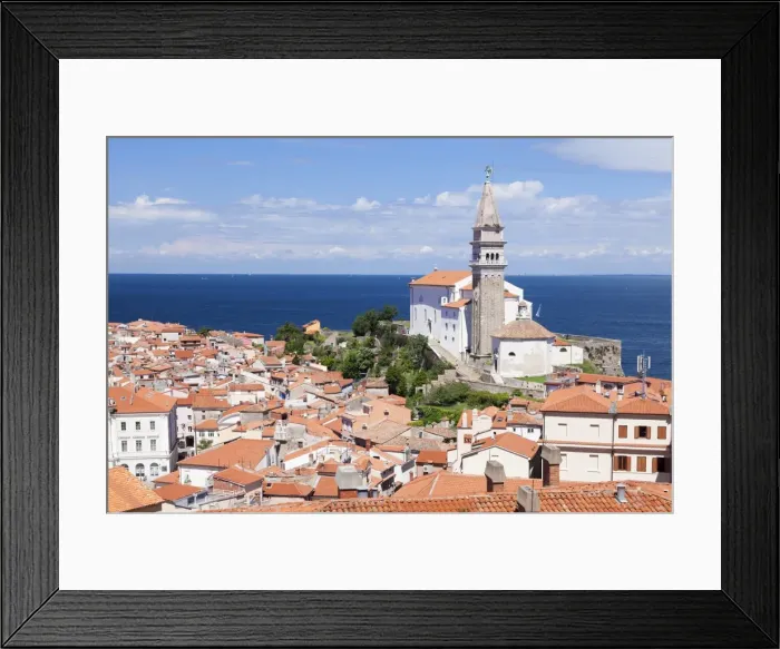 Framed Print : High angle view of the old town with cathedral of St. George, Piran, Istria, Slovenia, Europe Framed Print : High angle view of the old town with cathedral of St. George, Piran, Istria, Slovenia, Europe