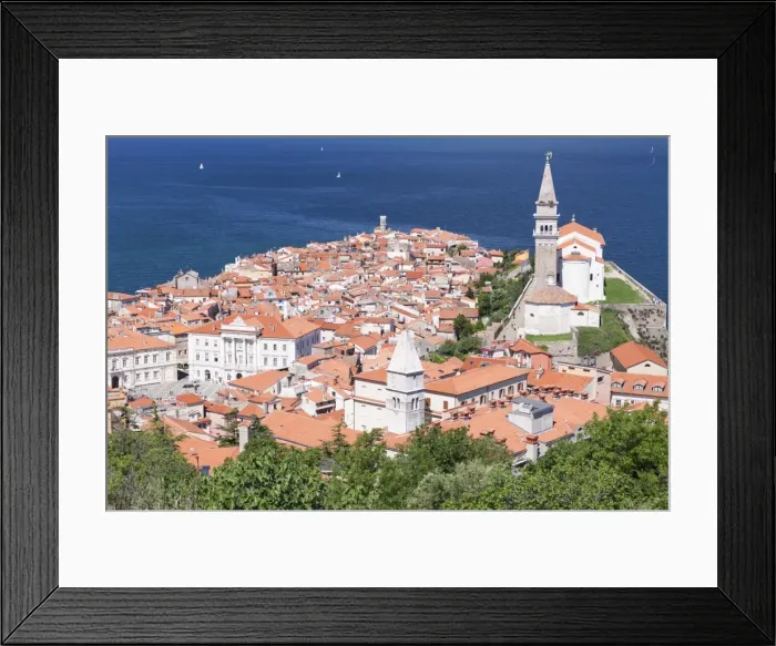 Framed Print : High angle view of the old town with Tartini Square, townhall and the cathedral of St. George, Piran, Istria, Slovenia, Europe Framed Print : High angle view of the old town with Tartini Square, townhall and the cathedral of St. George, Piran, Istria, Slovenia, Europe