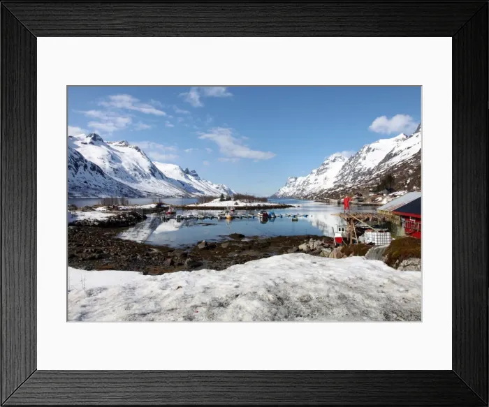 Framed Print : Cod drying under the eaves of a boathouse, Fishing harbour, Kvaloya (Whale Island), Troms, arctic Norway, Scandinavia, Europe