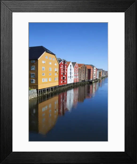 Framed Print : Old fishing warehouses reflected in the River Nidelva, Trondheim, Sor-Trondelag, Norway, Scandinavia, Europe Framed Print : Old fishing warehouses reflected in the River Nidelva, Trondheim, Sor-Trondelag, Norway, Scandinavia, Europe