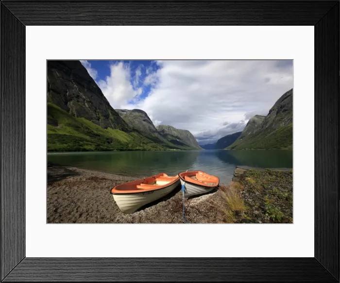 Framed Print : Boats pulled up by a fjord, Songdal region, near Bergen, western Norway, Scandinavia, Europe