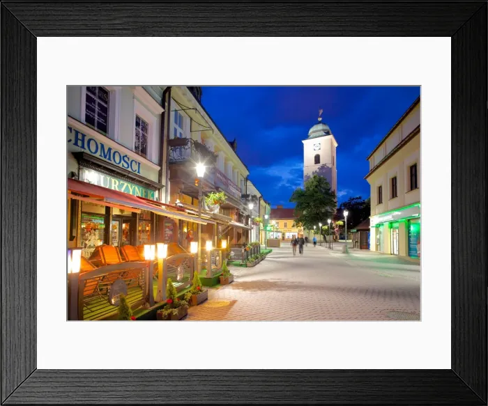 Framed Print : St. Stanislaw and St. Adalbert Parish Church Clock Tower and street scene at dusk, Rzeszow, Poland, Europe Framed Print : St. Stanislaw and St. Adalbert Parish Church Clock Tower and street scene at dusk, Rzeszow, Poland, Europe