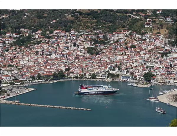 Aerial view of ferry in harbour, Skopelos, Sporades, Greek Islands, Greece, Europe