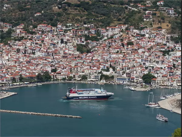 Aerial view of ferry in harbour, Skopelos, Sporades, Greek Islands, Greece, Europe