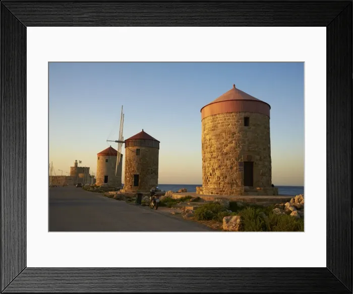 Framed Print : Windmills and Agios Nikolaos, Rhodes City, Rhodes, Dodecanese, Greek Islands, Greece, Europe