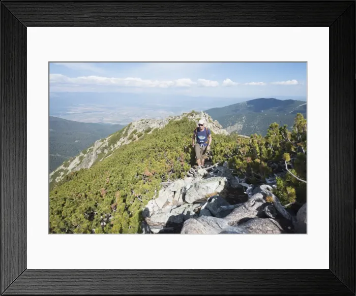 Framed Print : Hiker on trail, Pirin National Park, UNESCO World Heritage Site, near Bansko, Bulgaria, Europe