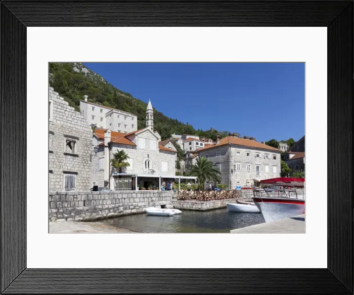 Framed Print : Perast harbour with cafes and boats moored up, Bay of Kotor, UNESCO World Heritage Site, Montenegro, Europe Framed Print : Perast harbour with cafes and boats moored up, Bay of Kotor, UNESCO World Heritage Site, Montenegro, Europe