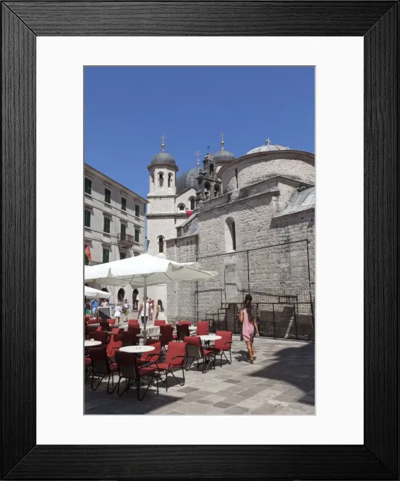 Framed Print : Cafes and tourists in Cathedral Square, Kotor Old Town, UNESCO World Heritage Site, Montenegro, Europe