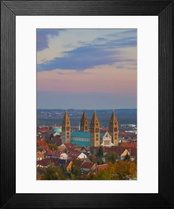 Framed Print : Elevated view over the Pecs Cathedral at sunset, Pecs, Hungary, Europe