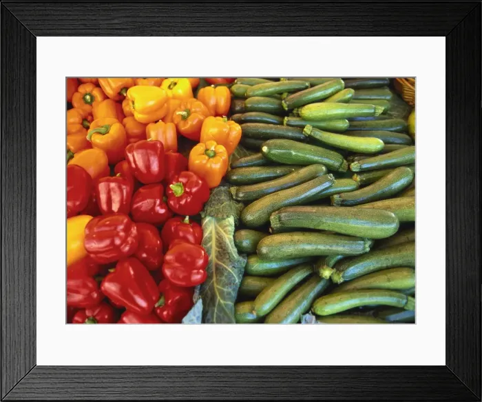 Framed Print : Red Peppers, Yellow Peppers and Courgettes on a Market Stall Framed Print : Red Peppers, Yellow Peppers and Courgettes on a Market Stall