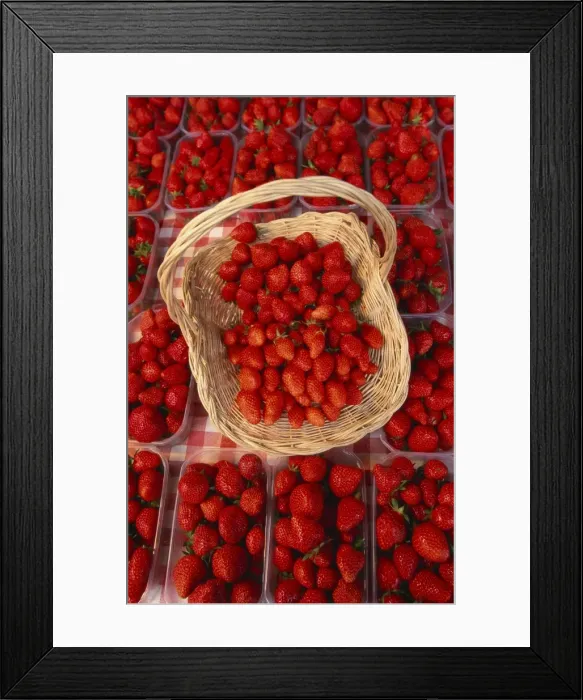 Framed Print : Elevated View of Strawberries in a Basket and Boxes
