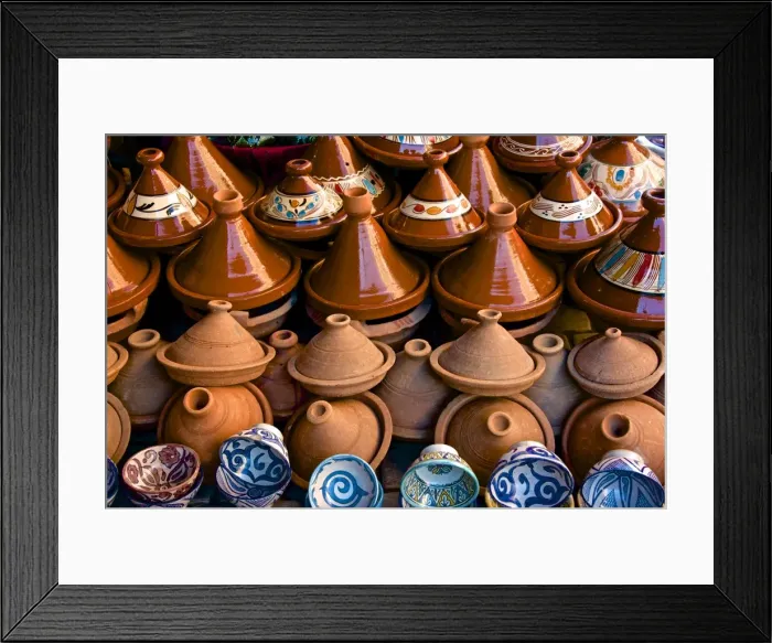 Framed Print : Earthenware tajines and bowls from Fez, for sale in the street of the Medina, Marrakech, Morocco, North Africa, Africa Framed Print : Earthenware tajines and bowls from Fez, for sale in the street of the Medina, Marrakech, Morocco, North Africa, Africa