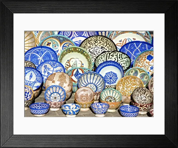 Framed Print : Earthenware plates and dishes from Fez, for sale in the street of the Medina, Marrakech, Morocco, North Africa, Africa Framed Print : Earthenware plates and dishes from Fez, for sale in the street of the Medina, Marrakech, Morocco, North Africa, Africa