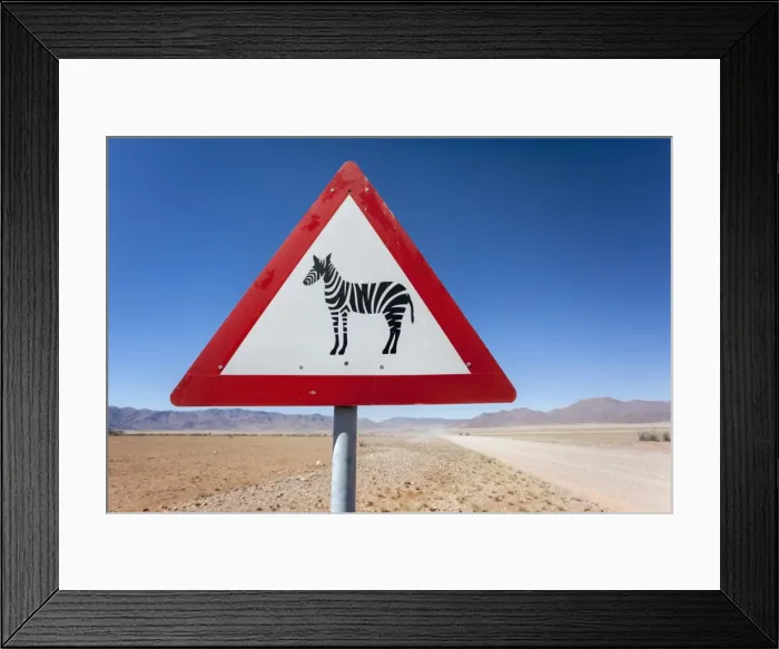 Framed Print : Zebra crossing animal warning sign, Namib Desert, Namibia, Africa Framed Print : Zebra crossing animal warning sign, Namib Desert, Namibia, Africa
