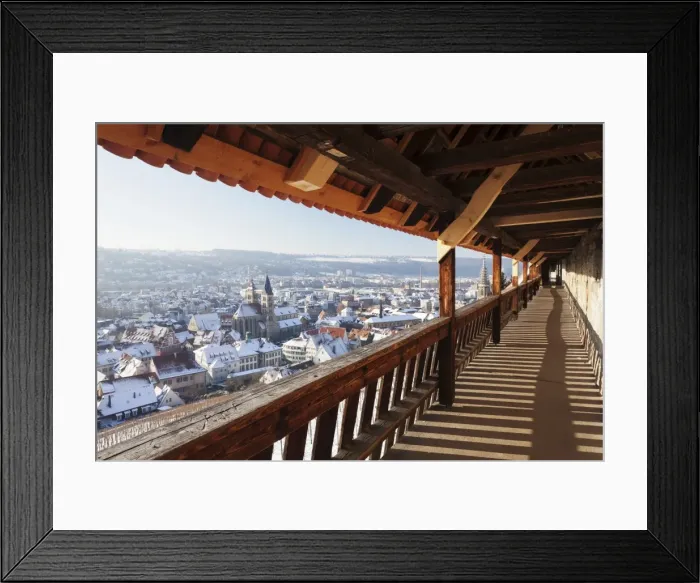 Framed Print : High angle view from the castle of the old town of Esslingen in winter, Baden Wurttemberg, Germany, Europe