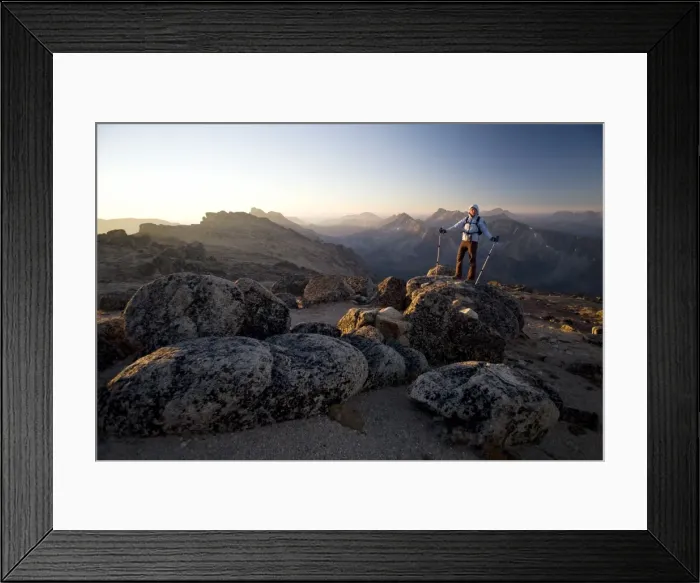 Framed Print : Hiker at sunrise, Cathedral Provincial Park, British Columbia, Canada, North America Framed Print : Hiker at sunrise, Cathedral Provincial Park, British Columbia, Canada, North America