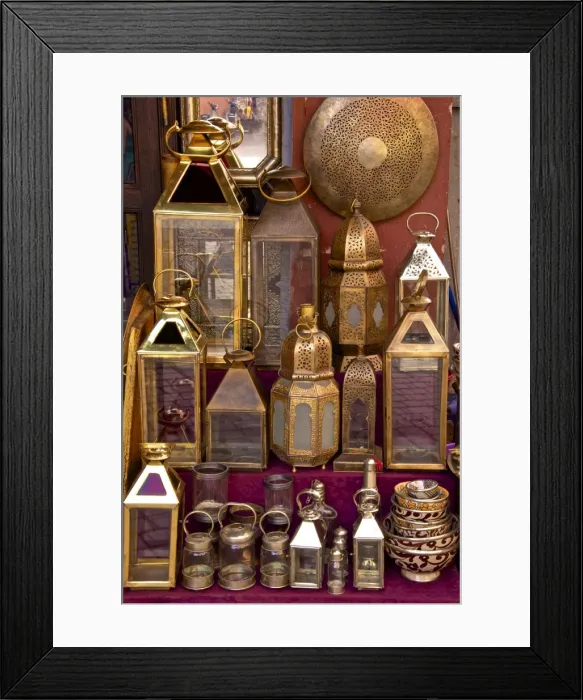 Framed Print : Brass and copper lanterns for sale in the street of the Medina, Marrakech, Morocco, North Africa Framed Print : Brass and copper lanterns for sale in the street of the Medina, Marrakech, Morocco, North Africa