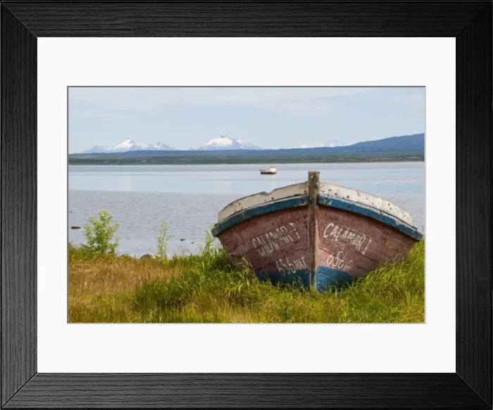 Framed Print : Little fishing boat in the bay of Puerto Natales, Patagonia, Chile, South America Framed Print : Little fishing boat in the bay of Puerto Natales, Patagonia, Chile, South America