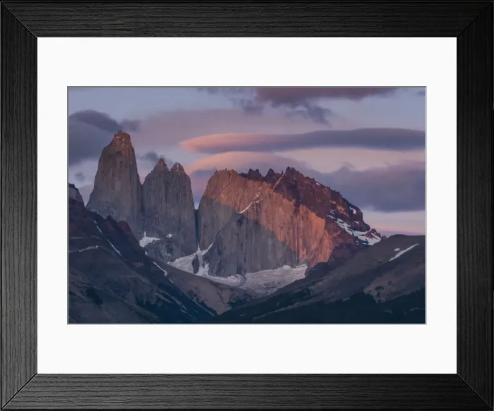 Framed Print : Early morning light on the towers of the Torres del Paine National Park, Patagonia, Chile, South America Framed Print : Early morning light on the towers of the Torres del Paine National Park, Patagonia, Chile, South America