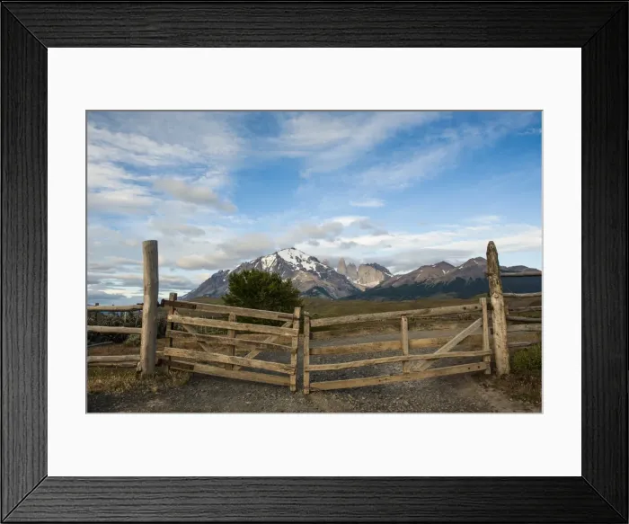 Framed Print : Cattle gate with the towers of the Torres del Paine National Park in background, Patagonia, Chile, South America Framed Print : Cattle gate with the towers of the Torres del Paine National Park in background, Patagonia, Chile, South America