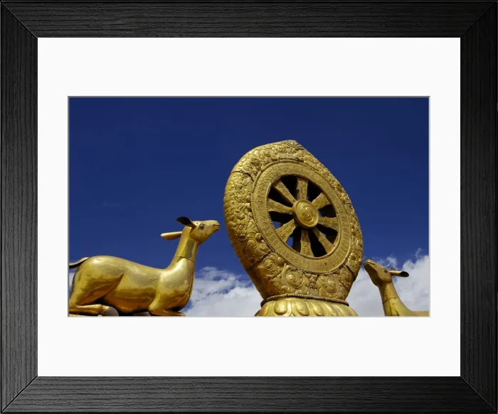 Framed Print : Golden Wheel of Dharma and deer sculptures on the sacred Jokhang Temple roof, Barkhor Square, Lhasa, Tibet, China, Asia Framed Print : Golden Wheel of Dharma and deer sculptures on the sacred Jokhang Temple roof, Barkhor Square, Lhasa, Tibet, China, Asia