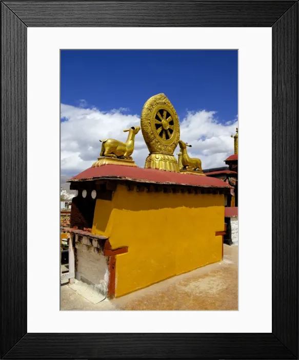 Framed Print : Golden Wheel of Dharma and deer sculptures on the sacred Jokhang Temple roof, Barkhor Square, Lhasa, Tibet, China, Asia Framed Print : Golden Wheel of Dharma and deer sculptures on the sacred Jokhang Temple roof, Barkhor Square, Lhasa, Tibet, China, Asia
