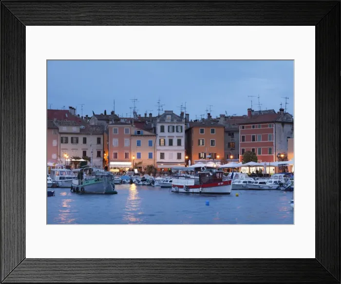 Framed Print : Waterfront and harbour with ships and boats at dusk, Rovinj, Istria, Croatia, Europe Framed Print : Waterfront and harbour with ships and boats at dusk, Rovinj, Istria, Croatia, Europe